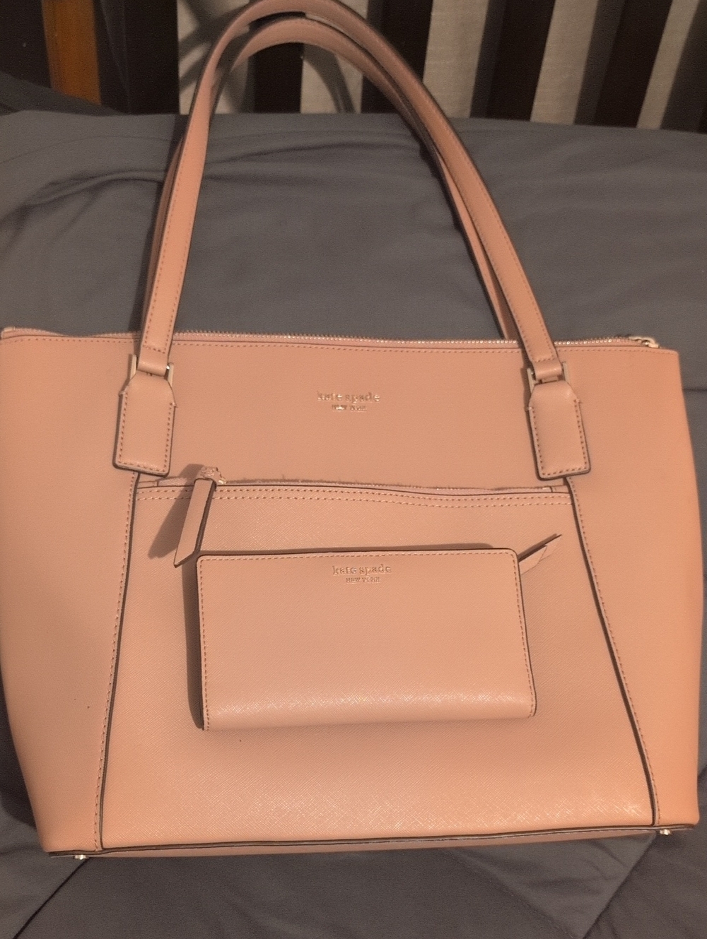 kate spade Blush Pink Leather Tote with Front Zip Pocket and matching wallet